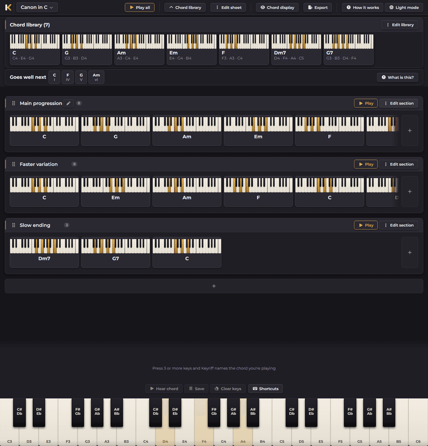 The Keyriff app in dark mode: a chord library, a practice sheet and the piano keyboard