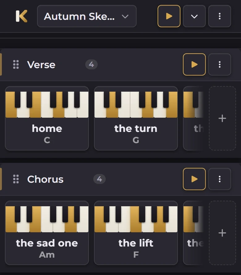 A practice sheet in the Keyriff app on a phone, in dark mode: a Verse and a Chorus of four chords each, with a play button on each section, their first cards nicknamed "home" (C), "the turn" (G), "the sad one" (Am) and "the lift" (F)