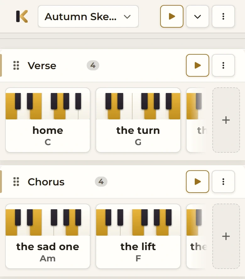 A practice sheet in the Keyriff app on a phone, in light mode: a Verse and a Chorus of four chords each, with a play button on each section, their first cards nicknamed "home" (C), "the turn" (G), "the sad one" (Am) and "the lift" (F)